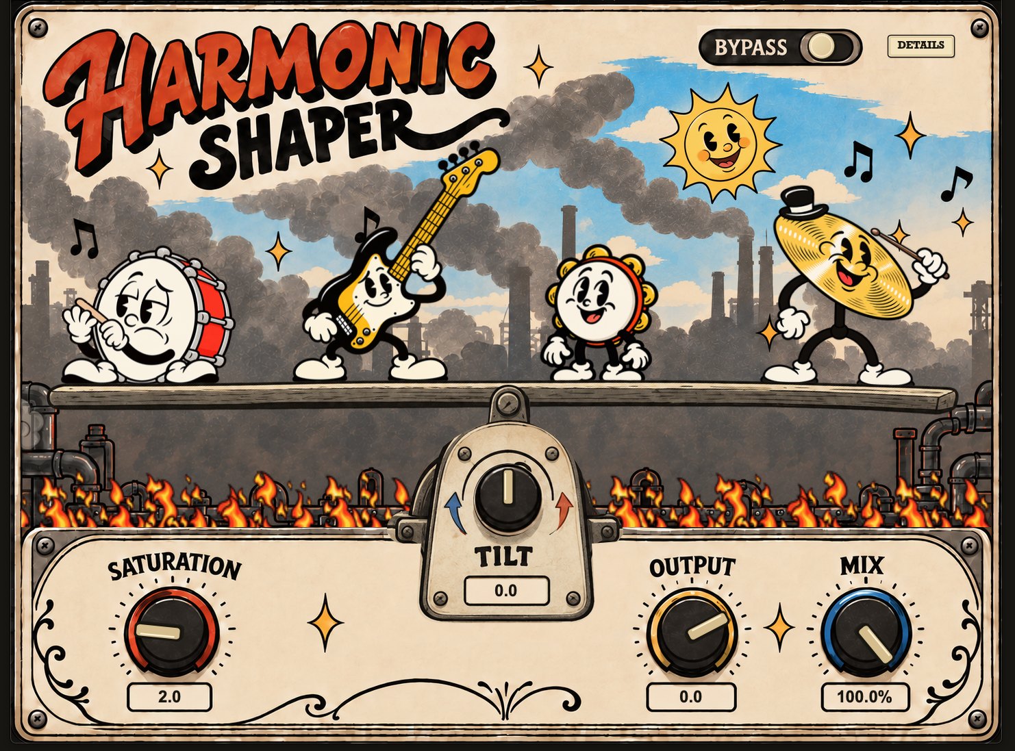 Harmonic Shaper’s cartoon interface: a bass drum, bass guitar, tambourine and cymbal above vintage industrial Saturation, Tilt, Output and Mix controls.